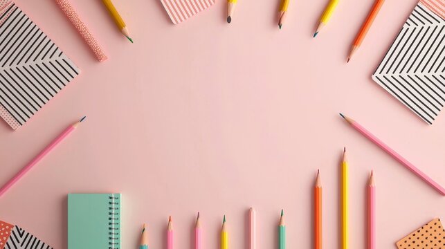 Colorful back-to-school sale template with vibrant school supplies, clean layout for discount text, playful and modern style, lively colors