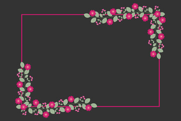 Rectangular Frame With Green Leaves And Love Pink Fuchsia Flowers