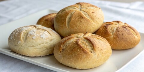 A plate of freshly baked artisan bread rolls, displaying a variety of textures and golden-brown crusts