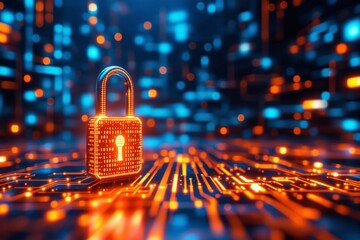 Digital padlock with binary code, glowing in orange light, placed on an abstract blue tech background. Concept of cybersecurity and data protection. Ai generative