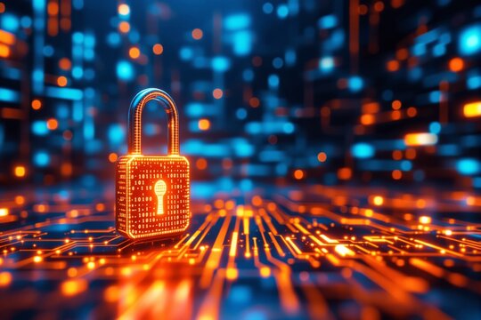 Digital padlock with binary code, glowing in orange light, placed on an abstract blue tech background. Concept of cybersecurity and data protection. Ai generative