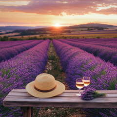 A tranquil lavender field under a vibrant golden sunset, date on the field