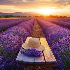 A tranquil lavender field under a vibrant golden sunset, with a hat on a table, spring, summer
