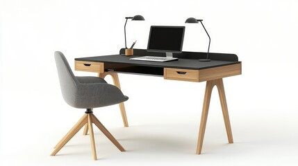 Modern desk, chair, lamps, workspace, minimalist, office, setup, design, white background, productivity