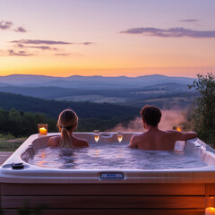 A couple sitting in a hoist tub with sparkling wine, view of the mountains