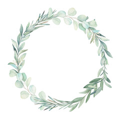 Watercolor wedding vintage wreath with eucalyptus and herbal branches. Hand drawn floral isolated illustration on white background.