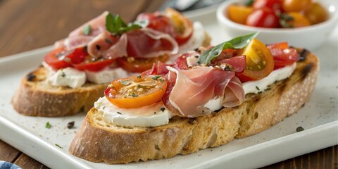 Delicious Toasted Bread with Creamy Cheese, Roasted Tomatoes, and Thinly Sliced Prosciutto