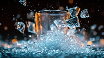 Glass shattering on icy surface with exploding ice shards against dark, sparkling backdrop