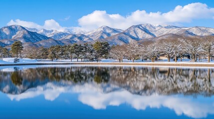 Serene Winter Landscape: Snow-capped Mountains Mirrored in a Tranquil Lake