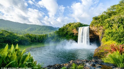 Fototapeta premium A wide panoramic view of a lush, green tropical jungle with a stunning waterfall cascading down into a crystal clear pool, surrounded by vibrant foliage and towering trees.