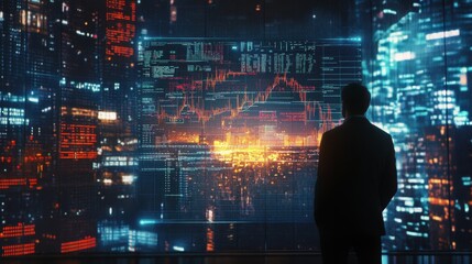 Fototapeta premium City skyline reveals a world of numbers as a businessman analyzes data against a digital backdrop