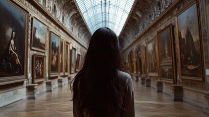 Exploring the masterpieces of a grand art gallery from a unique perspective in late afternoon light