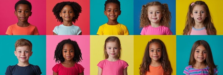 Diverse Group of Happy Children Posing Against Colorful Backgrounds, Studio Portraits