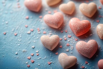 Obraz premium Happy Valentines Day with a Group of Heart-Shaped Candies on Blue Background