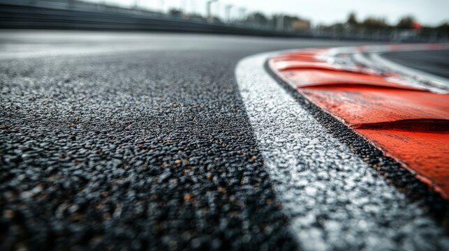 A close-up view of a racetrack corner reveals intricate surface details and bold color contrasts, inviting an exhilarating atmosphere on a cloudy day