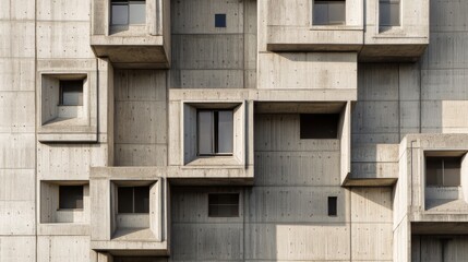 Geometric shapes create a striking facade on a modern building. The concrete structure features various window placements that add character and depth to the design