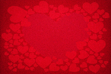 Red hearts grainy frame. Red glitter background from wrapping paper, Valentine Day or Mother Day, Wedding background, copy space
