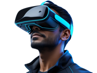 Indian man using a vr virtual reality headset isolated on transparent background