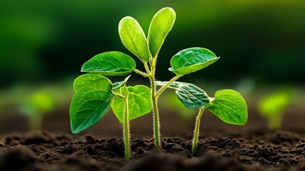 Fototapeta premium Green seedlings emerging from rich soil in a vibrant nature setting.