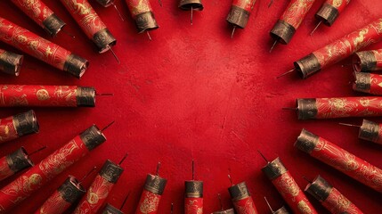 Circular Arrangement of Firecrackers on Red Background Celebrating Chinese New Year Festivities