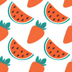 Whole strawberry and watermelon slices with seed Seamless Pattern. Summer berries background concept