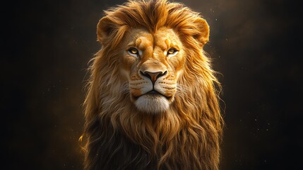 Fototapeta premium Majestic lion portrait, golden light, dark background, wildlife art.