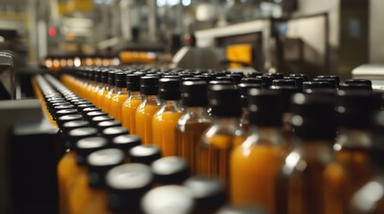 Fototapeta premium Bottles of fresh juice moving along an assembly line in a factory