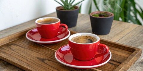 Two red cups of coffee on a wooden tray with potted plants