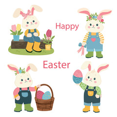 Easter bunnies, eggs, flowers, tulips, flowers in pots, basket with eggs, for cards, banners, design, vector