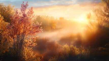 Naklejka premium The sun shining through a majestic tree on a meadow, with clear blue sky in the background, panorama format 