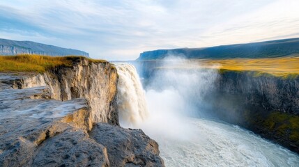 Fototapeta premium The majestic waterfall cascades over the edge of the gorge, sending a powerful rush of water plummeting down into the frothy pool below