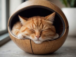 Naklejka premium Ginger cat naps peacefully inside a wooden bowl, eyes closed