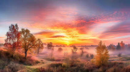 Obraz premium The sun shining through a majestic tree on a meadow, with clear blue sky in the background, panorama format 