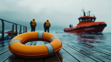 Bright lifebuoy stands out on the dock while rescue boat approaches amid cloudy weather
