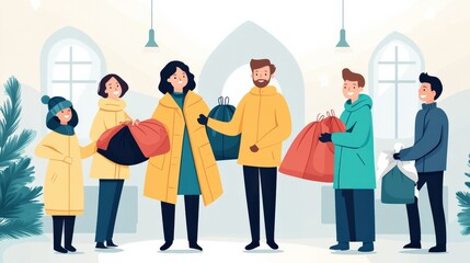 Fototapeta premium Cheerful Group of Friends in Warm Winter Coats Shopping Together in a Cozy Indoor Setting with Colorful Bags Filled with Holiday Gifts