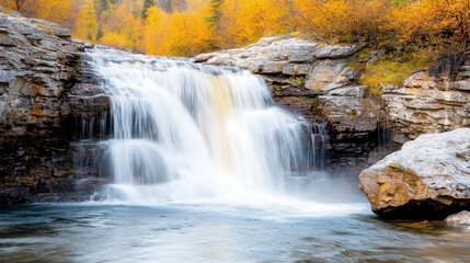 Fototapeta premium The undulating cascade of water tumbles down the rugged cliff face, creating a mesmerizing display of nature's raw power and beauty.