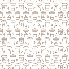 Outline Disposable cups with coffee beans Seamless pattern in trendy minimalism. Coffee Day backdrop