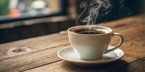 Aromatic steam rises from a freshly brewed cup of coffee resting on a rustic wooden table