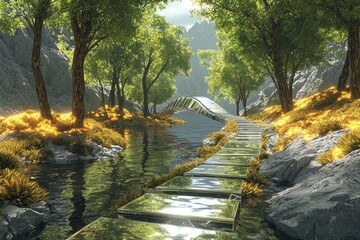 Naklejka premium Glass path over stream in lush mountain forest with glowing flora and futuristic bridge