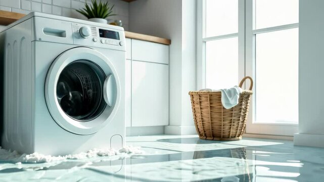 Leaky washing machine flooded the floor with water. Broken washing machine, leak causing damage, flooding problem