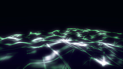 Colors wave with motion dots. Abstract digital background. Concept connection big data. Futuristic technology backdrop. 3D rendering.