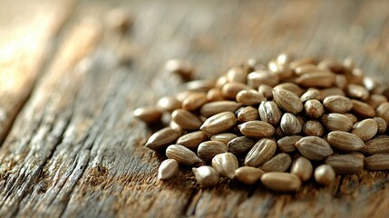 Obraz premium Seeds on rustic wood table, soft light.