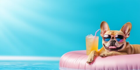 A playful dog relaxes on a pink float in a pool, wearing sunglasses and sipping a drink, embodying a fun summer vibe.