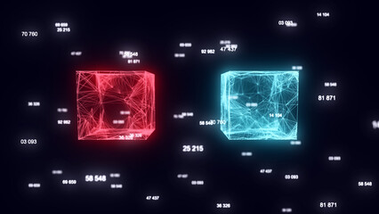 Abstract sci-fi cubes with particle and line with digital indicators. Technology network connection on world. Global digital connections ai. Big data flow. Blockchain encryption. 3D rendering.
