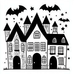 Spooky Halloween Haunted House Illustration Bats Stars Night Black and White Design