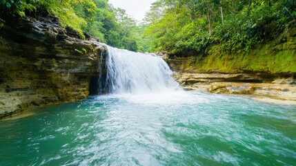 Naklejka premium The small secret waterfall of Tibumana is nestled within a lush green jungle in Bali, Indonesia