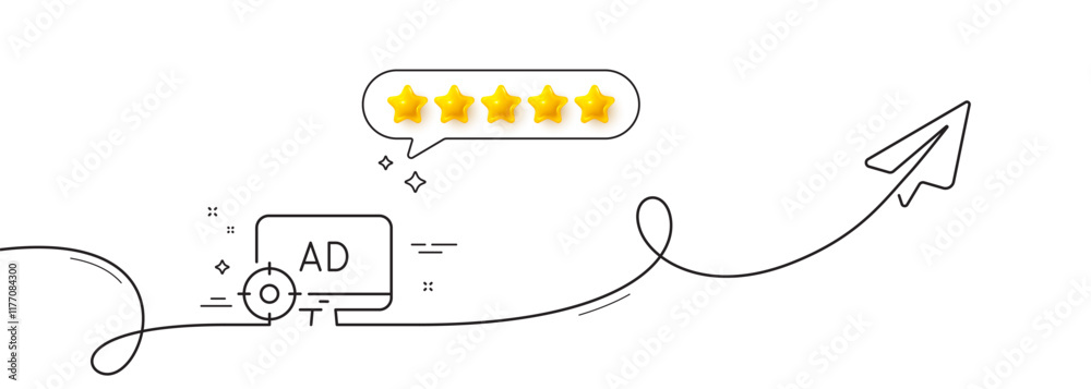 Poster seo adblock line icon. continuous line with share plane. search engine optimization sign. target sym