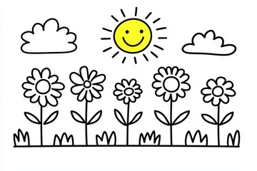 Cheerful Sun Flowers and Clouds Simple Childlike Drawing Illustration