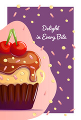 A charming postcard featuring a Banana Split cupcake with chocolate frosting, colorful sprinkles, and cherries on top. The text 'Every bite is a tasty delight' adds a cheerful and sweet vibe.