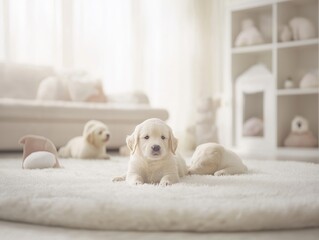 Golden retriever puppies play in a cozy living room filled with soft light and fluffy rugs